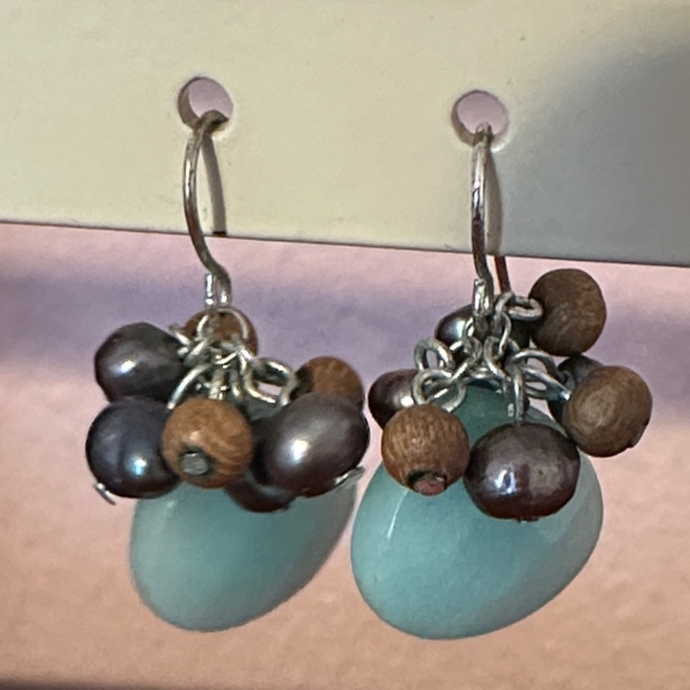Aqua Teardrop Cluster‎ Dangle Earrings with Wood and Gray Pearl Accents